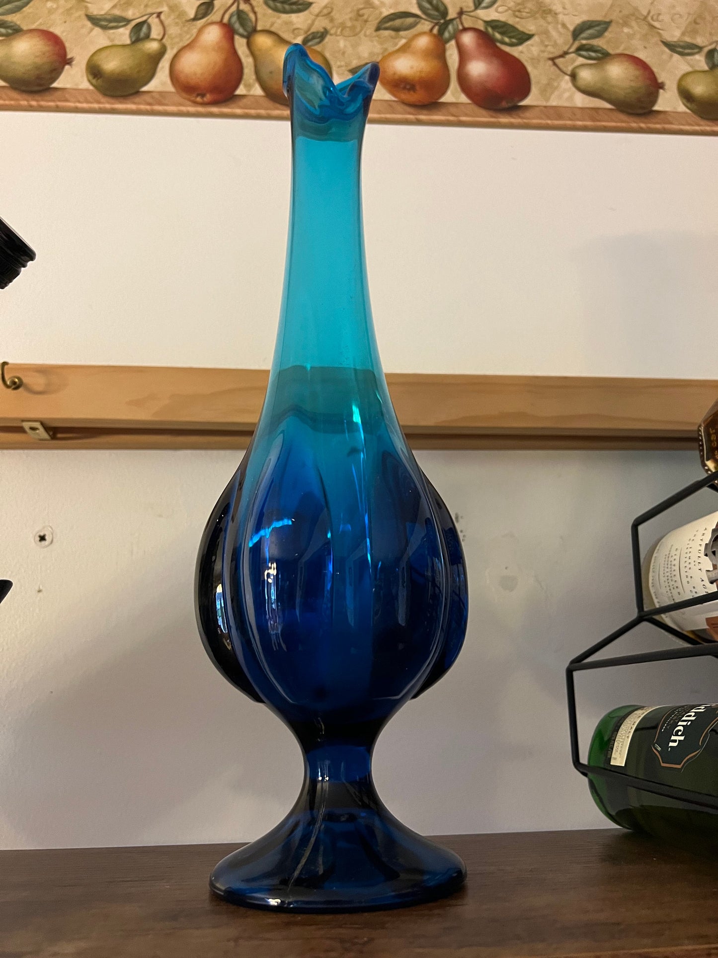 Vintage Viking Epic Blue Swung Vase, Blue Swung Glass Vase, Viking Blue Vase with Pedestal, Lover Antiques and Vintage