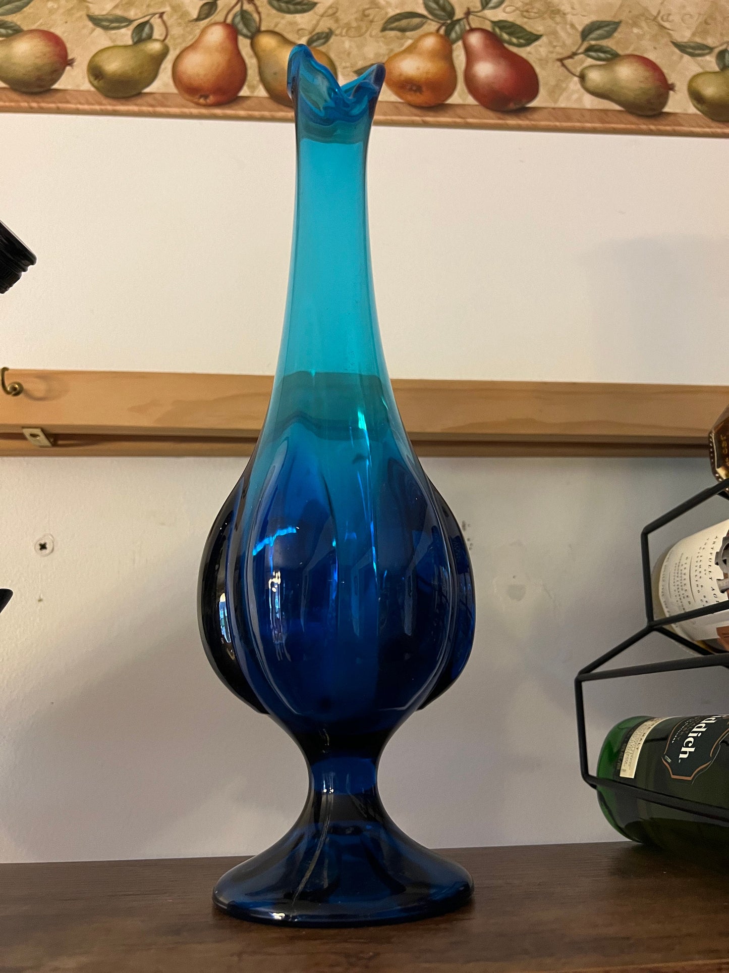 Vintage Viking Epic Blue Swung Vase, Blue Swung Glass Vase, Viking Blue Vase with Pedestal, Lover Antiques and Vintage