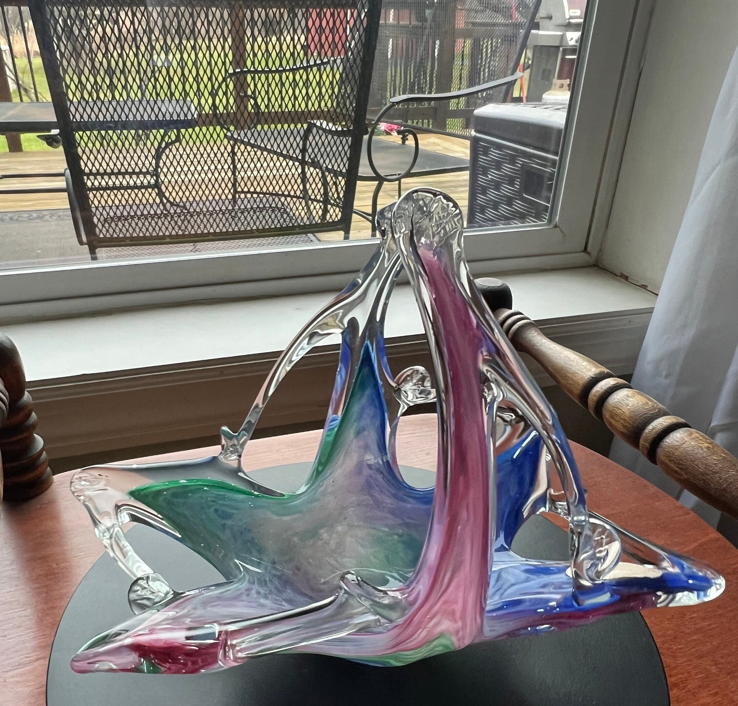 Vintage Murano Glassware Crystal Clear Made in Italy, Lavorazione, Blown Glass Bowl, Murano Large Basket, Blue Pink Green Art Glass