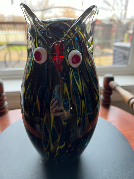 Vintage Murano Style Owl, Blue Red and Gold Sculpture, Owl Figurine, Green Gold Red Art Glass, Lover Antiques and Vintage
