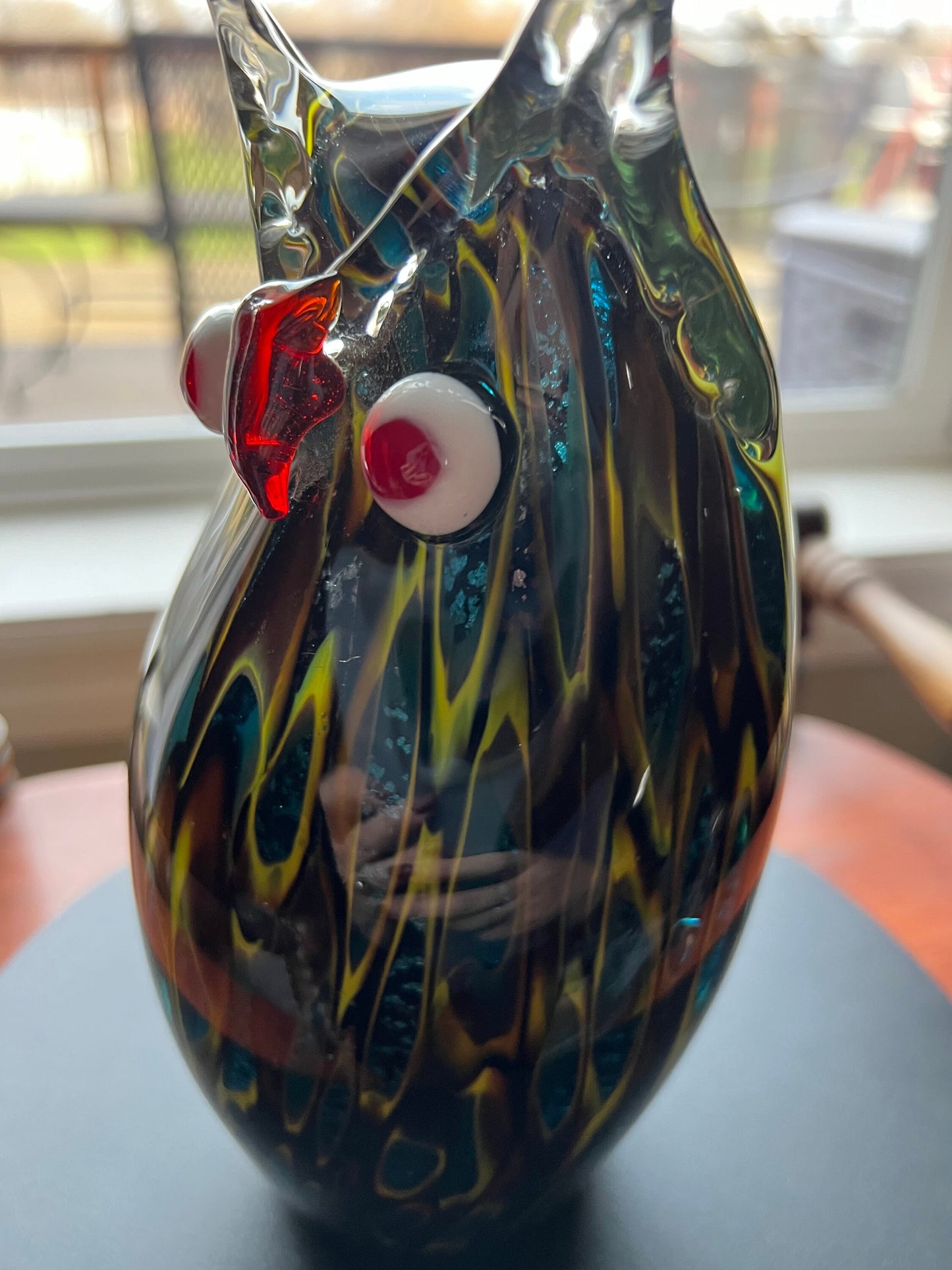 Vintage Murano Style Owl, Blue Red and Gold Sculpture, Owl Figurine, Green Gold Red Art Glass, Lover Antiques and Vintage