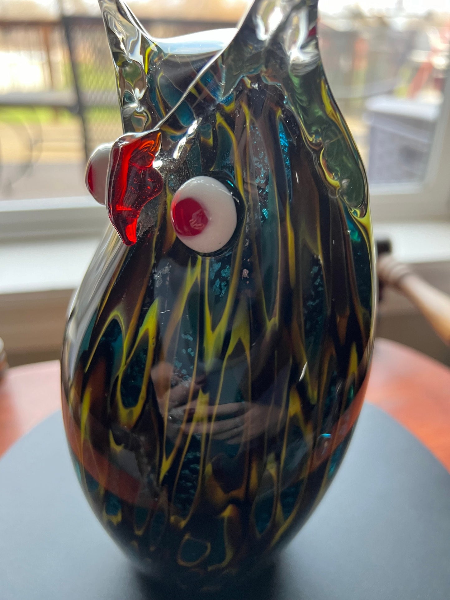 Vintage Murano Style Owl, Blue Red and Gold Sculpture, Owl Figurine, Green Gold Red Art Glass, Lover Antiques and Vintage
