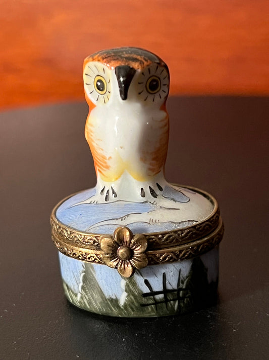 Vintage Limoges Owl Box, Chamart Peint a la Main Limoges France, Owl on a Porcelain Box, Owl Trinket Box with Flower Enclosure