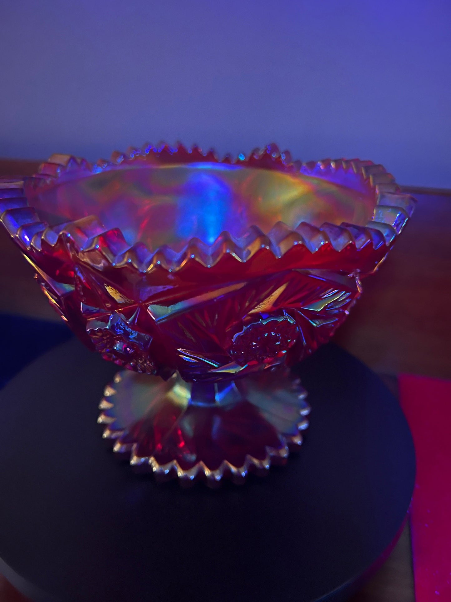 LE Smith Ruby Red Carnival Glass Footed Bowl, Heritage Aztec Ruby Red, Red Carnival Glass Bowl, Lover Antiques and Vintage