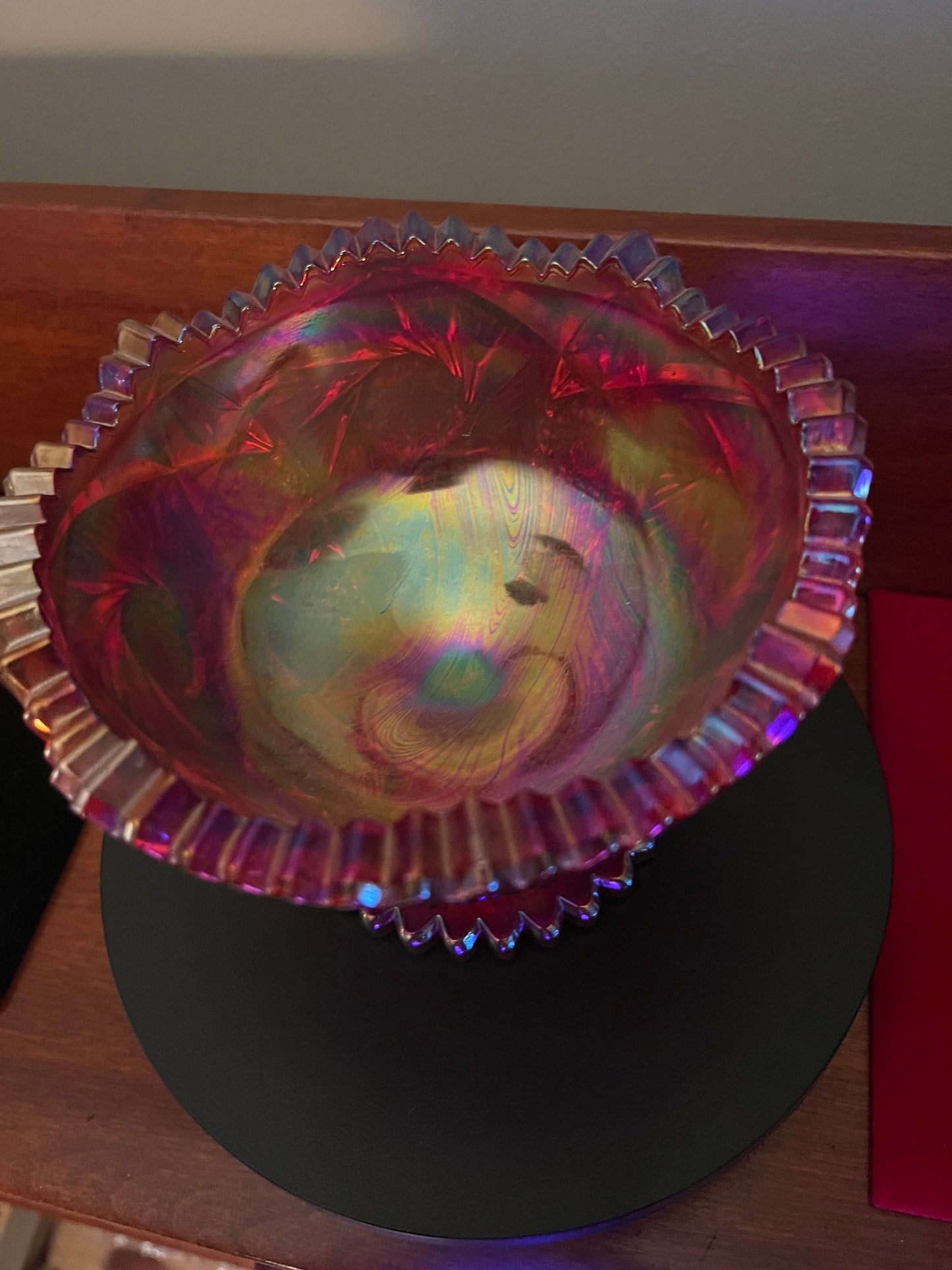 LE Smith Ruby Red Carnival Glass Footed Bowl, Heritage Aztec Ruby Red, Red Carnival Glass Bowl, Lover Antiques and Vintage