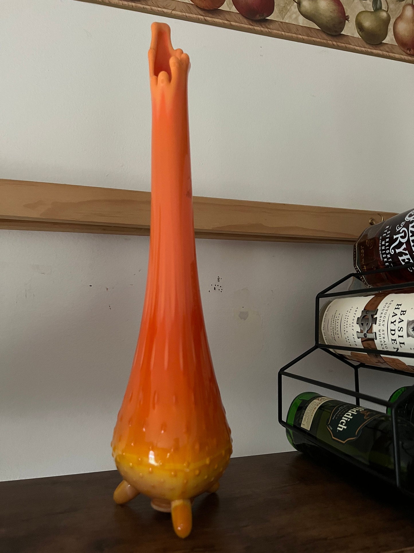 Vintage LE Smith Bittersweet Three Toe Swung Vase Orange Yellow Slag Glass Footed Ruffle Drippy Mid Century Modern Lover Antiques