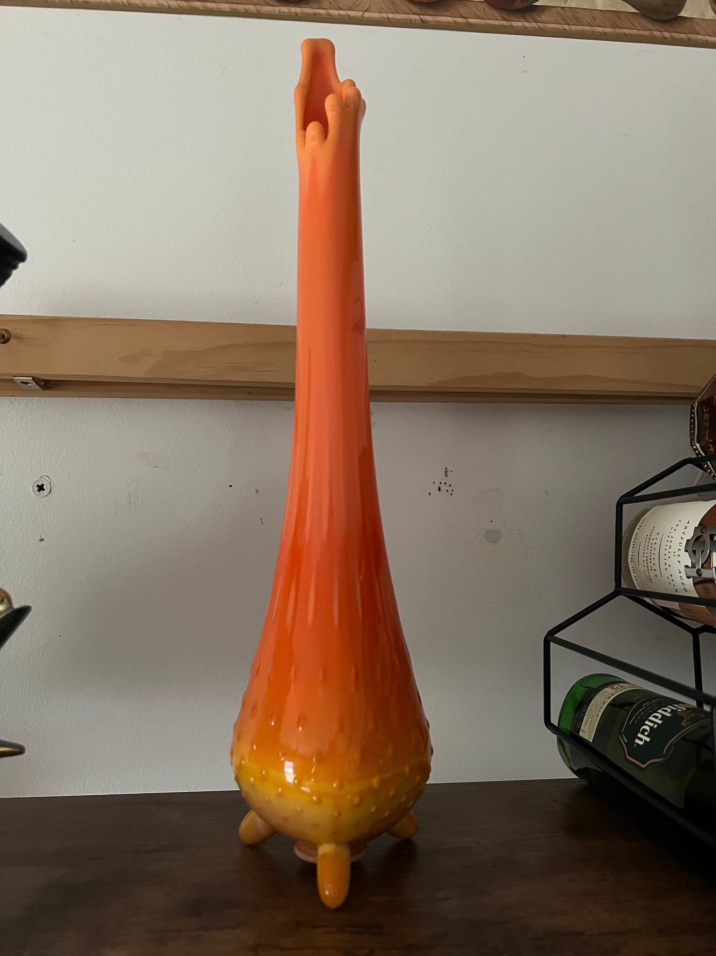 Vintage LE Smith Bittersweet Three Toe Swung Vase Orange Yellow Slag Glass Footed Ruffle Drippy Mid Century Modern Lover Antiques