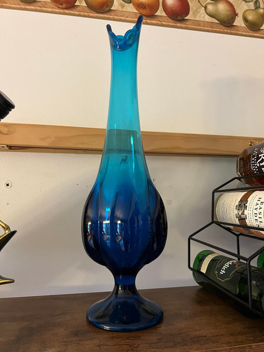 Vintage Viking Epic Blue Swung Vase, Blue Swung Glass Vase, Viking Blue Vase with Pedestal, Lover Antiques and Vintage