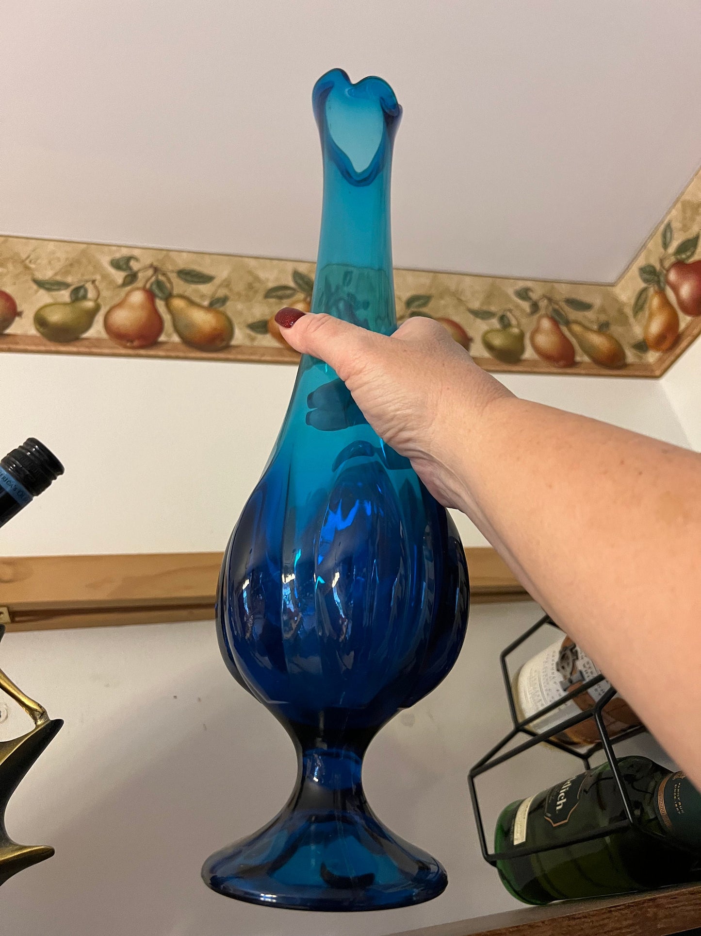 Vintage Viking Epic Blue Swung Vase, Blue Swung Glass Vase, Viking Blue Vase with Pedestal, Lover Antiques and Vintage