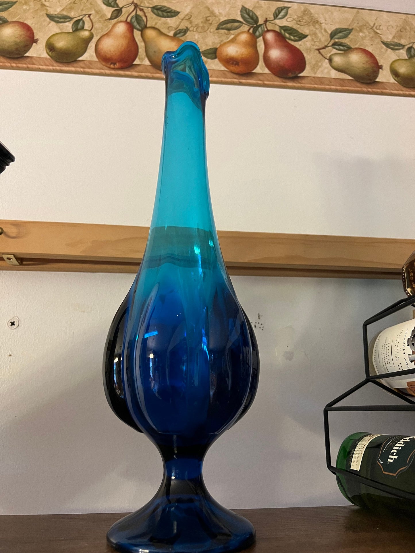 Vintage Viking Epic Blue Swung Vase, Blue Swung Glass Vase, Viking Blue Vase with Pedestal, Lover Antiques and Vintage