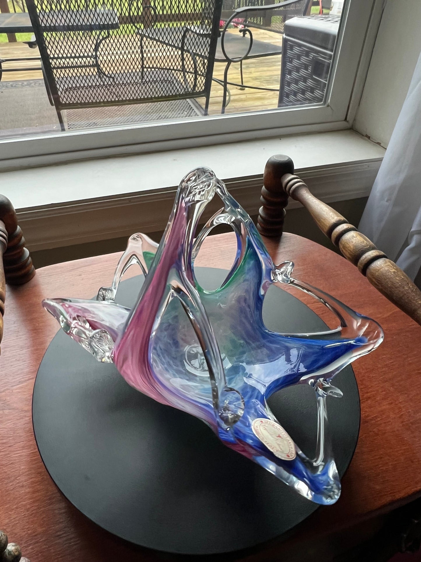 Vintage Murano Glassware Crystal Clear Made in Italy, Lavorazione, Blown Glass Bowl, Murano Large Basket, Blue Pink Green Art Glass