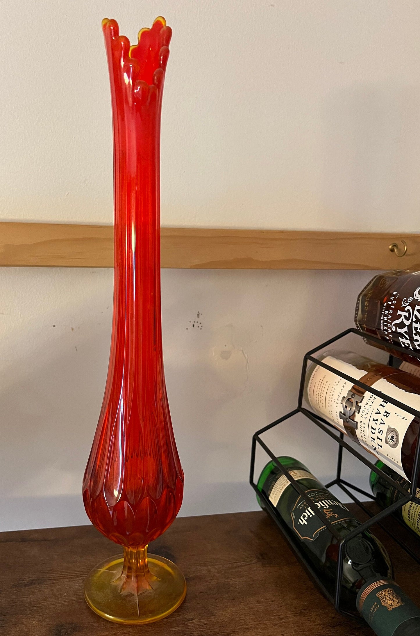 Vintage Fenton Amberina Thumbprint Vase, Colonial Orange Fenton Tall Vase, Lover Antiques and Vintage