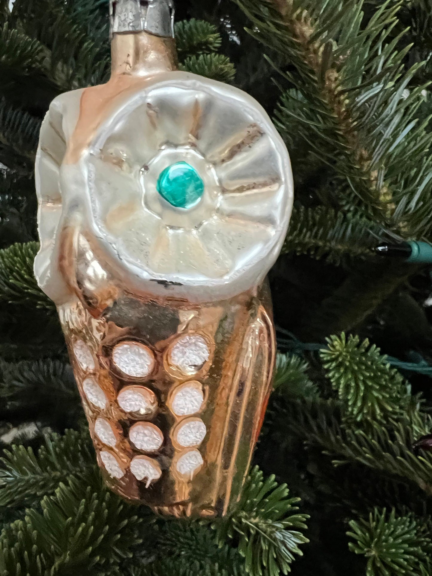 Vintage Owl with Green Eyes Ornament, Big Owl Big Eyes, made in Germany, Hand Blown Glass Christmas Holiday Retired Ornaments Lover Antiques