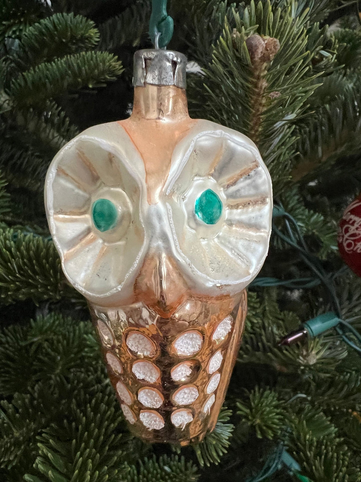 Vintage Owl with Green Eyes Ornament, Big Owl Big Eyes, made in Germany, Hand Blown Glass Christmas Holiday Retired Ornaments Lover Antiques