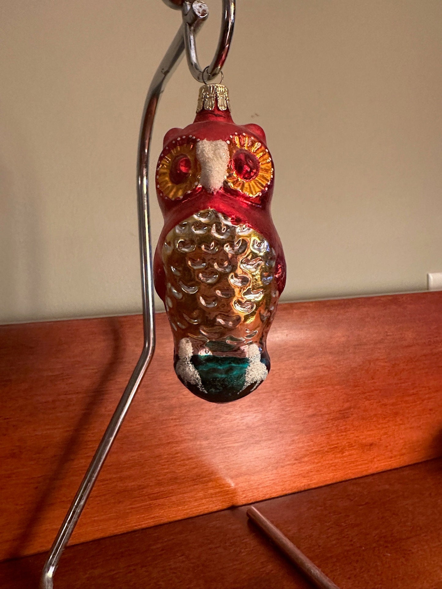 Vintage Red Owl Ornament, Big Owl Big Eyes, made in Germany, Hand Blown Glass Christmas Holiday Retired Ornaments Lover Antiques and Vintage