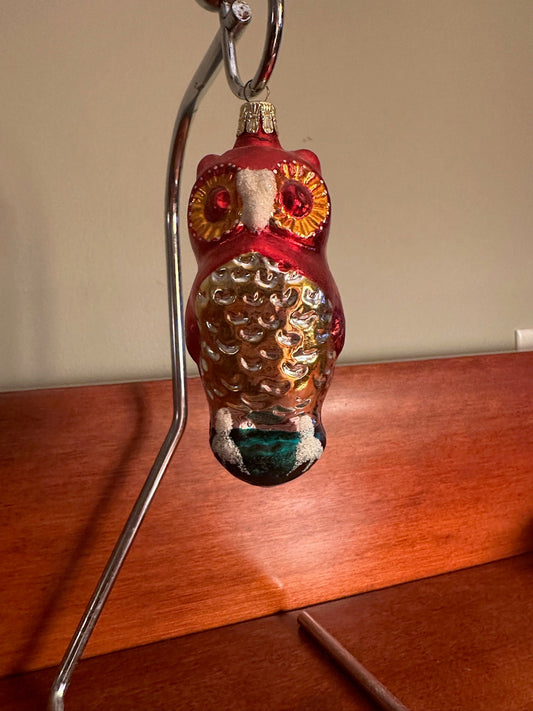 Vintage Red Owl Ornament, Big Owl Big Eyes, made in Germany, Hand Blown Glass Christmas Holiday Retired Ornaments Lover Antiques and Vintage