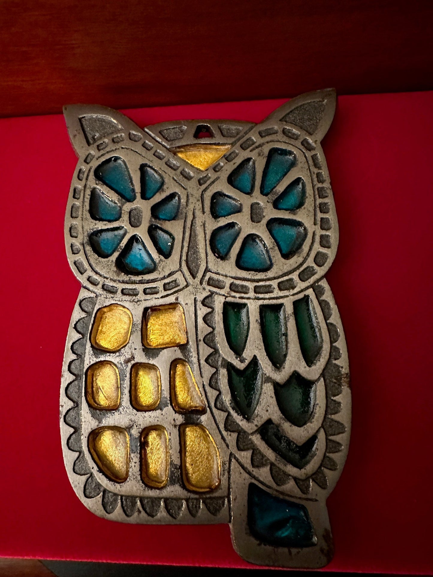 Vintage Cast Iron Stained Glass Owl Trivet, Vintage Green Yellow Owl Trivet, Mid Century Owl Cast Iron Art, Lover Antiques