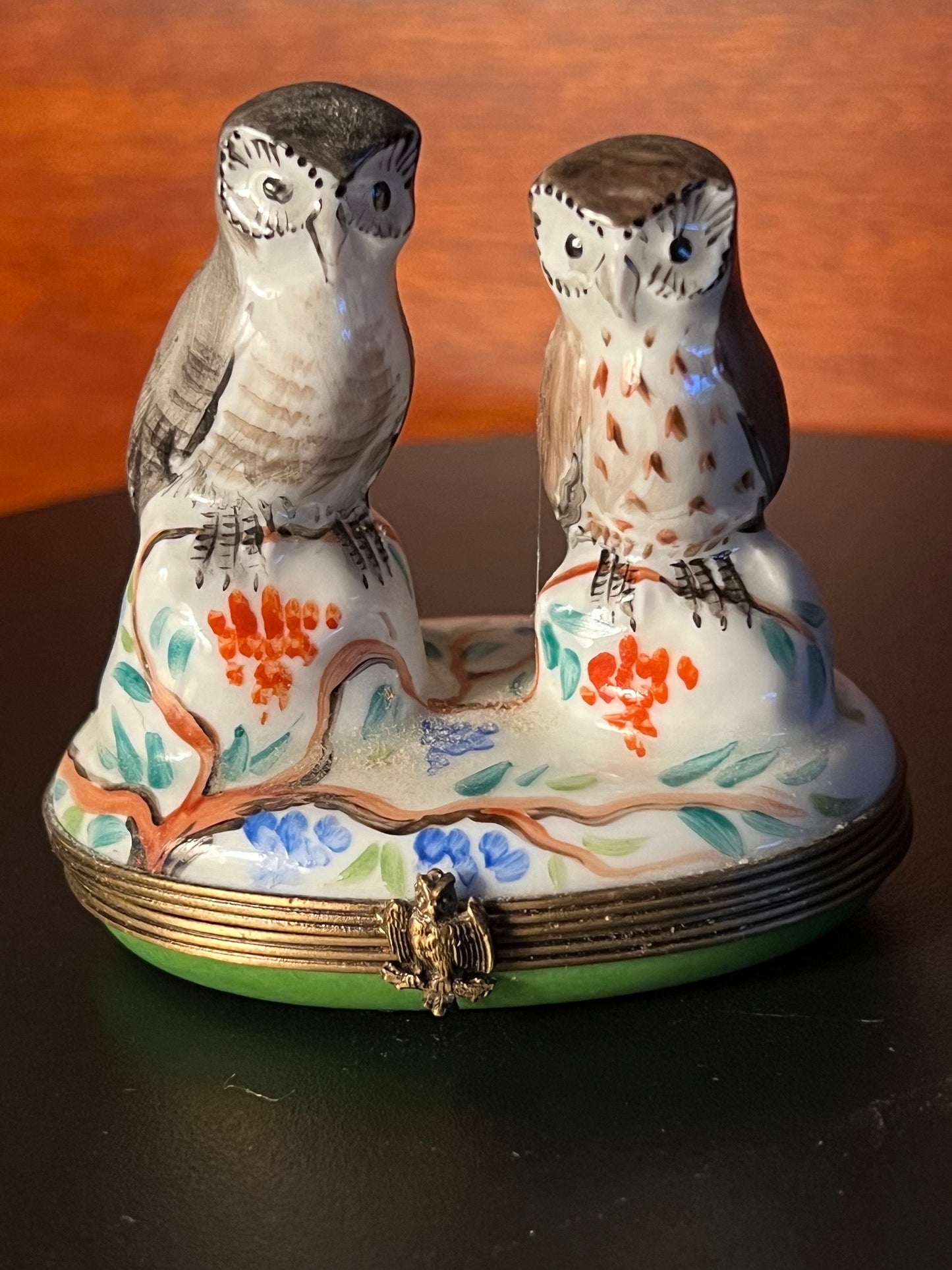 Vintage Limoges Two Owls on a Tree, Owl Box, Chamart Peint Main Limoges France, Owls on Porcelain Box, Owl Trinket Box with Owl Closure