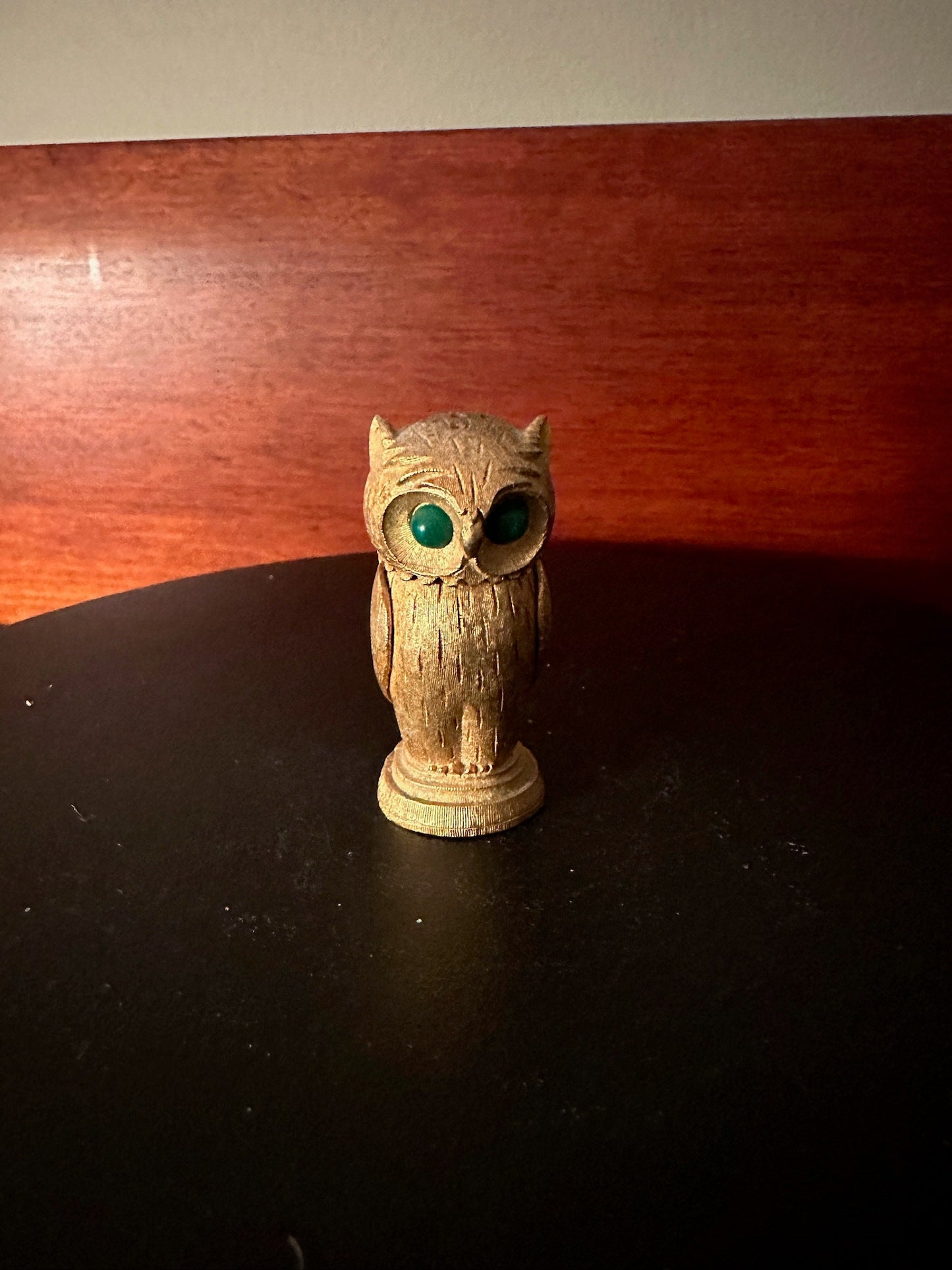 Vintage Florenza Gold Owl with Green Jade Eyes Figurine, Golden Green Eyed Owl, Lover Antiques and Vintage