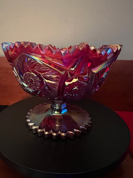LE Smith Ruby Red Carnival Glass Footed Bowl, Heritage Aztec Ruby Red, Red Carnival Glass Bowl, Lover Antiques and Vintage