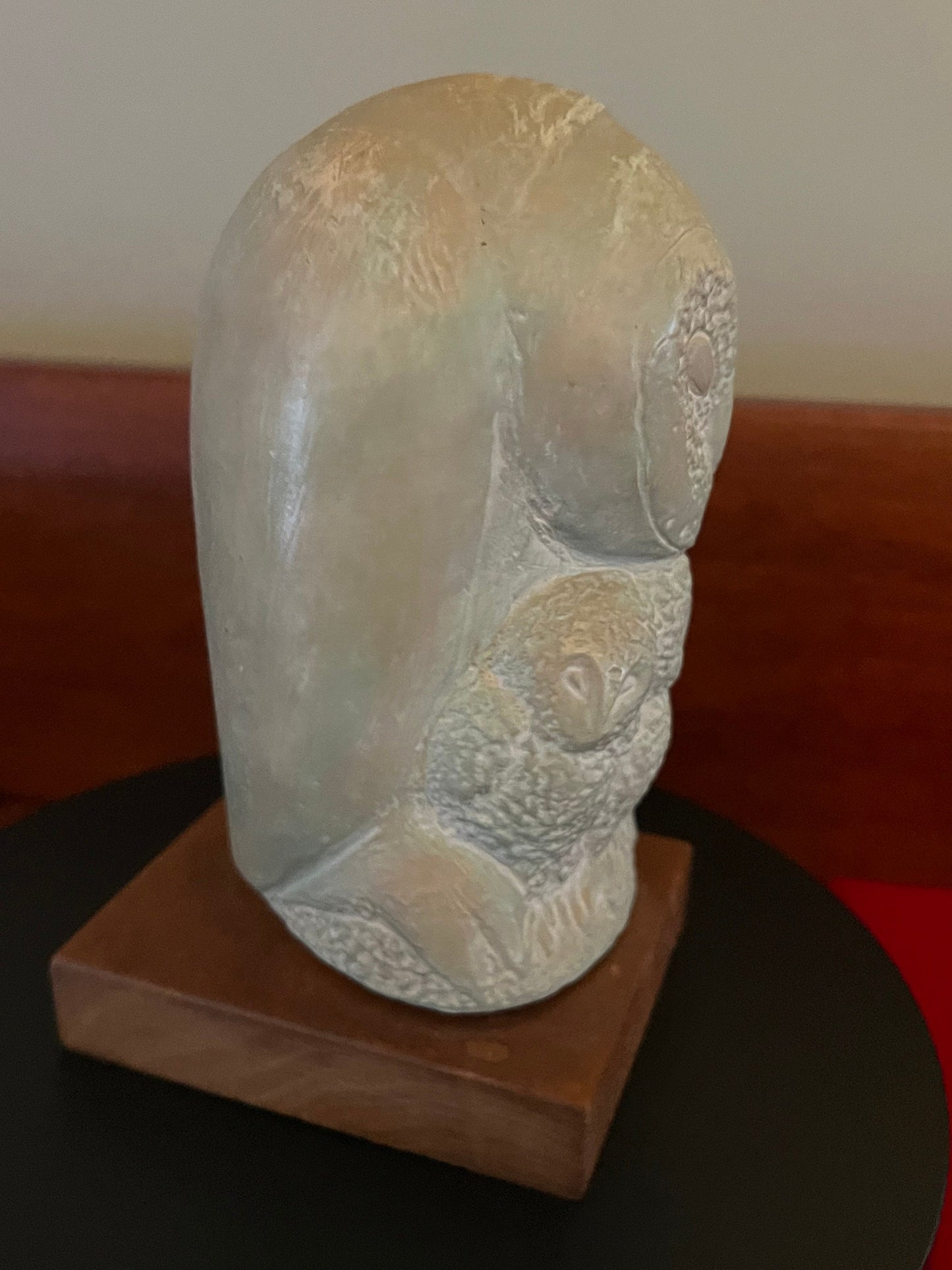 Vintage Grete Schiller Owl and Babies Statue, Alva Museum Replica Owl Figurine with wood base, Vintage