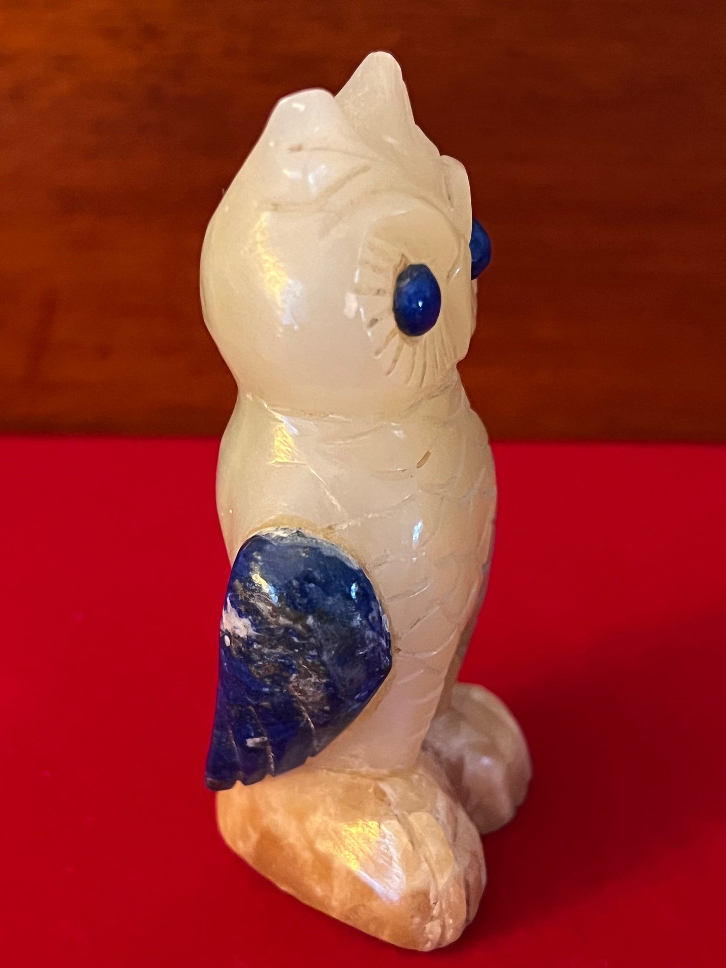 Vintage White Quartz Owl with Blue Eyes, Owl with Heart Quartz Base, Owl Stone Figurine, Unique Stone Carved Owl, Lover Antiques and Vintage