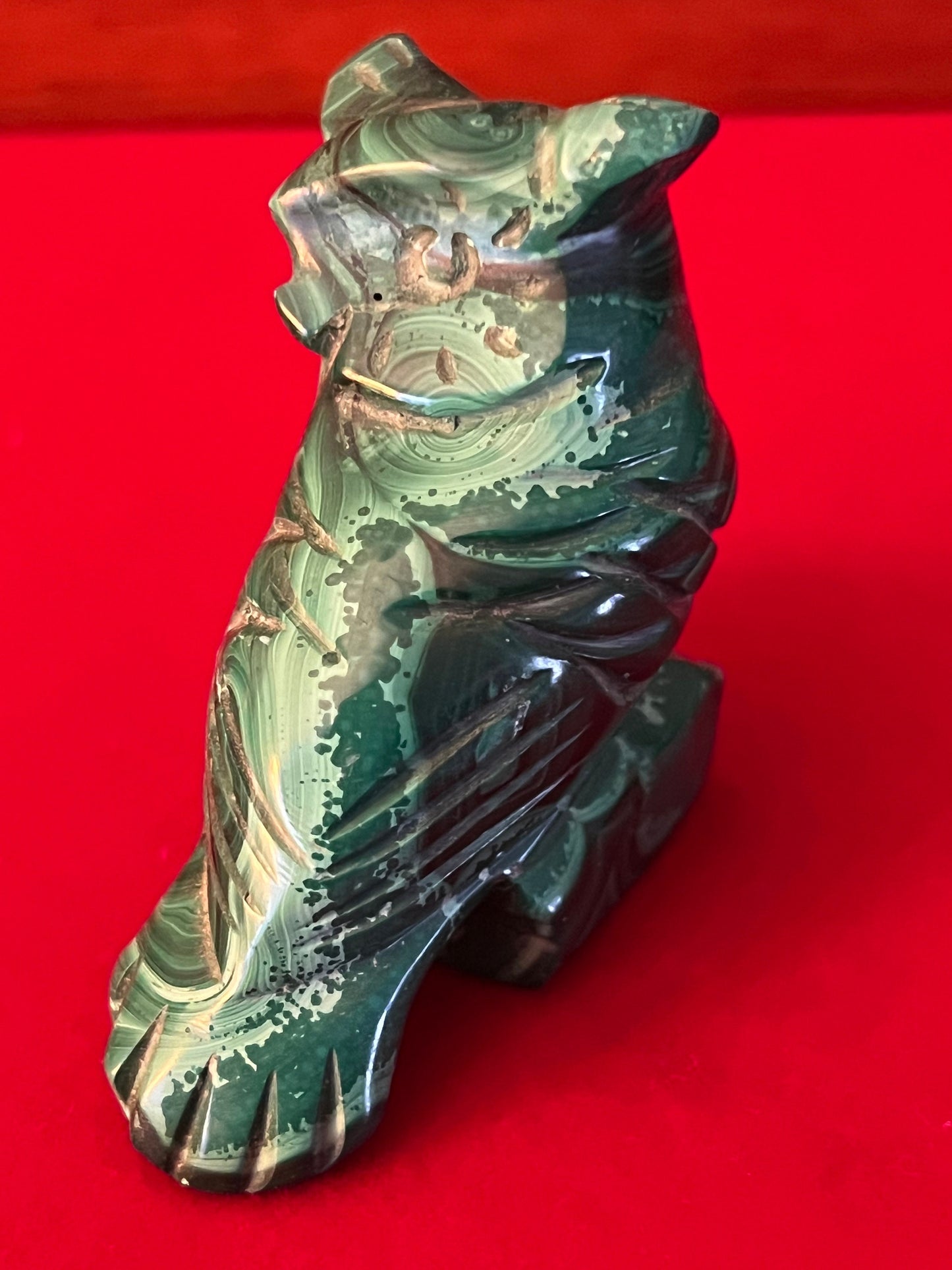 Vintage Carved Malachite Stone Owl on Pedestal Base, Green Stone Owl Figurine, Lover Antiques and Vintage