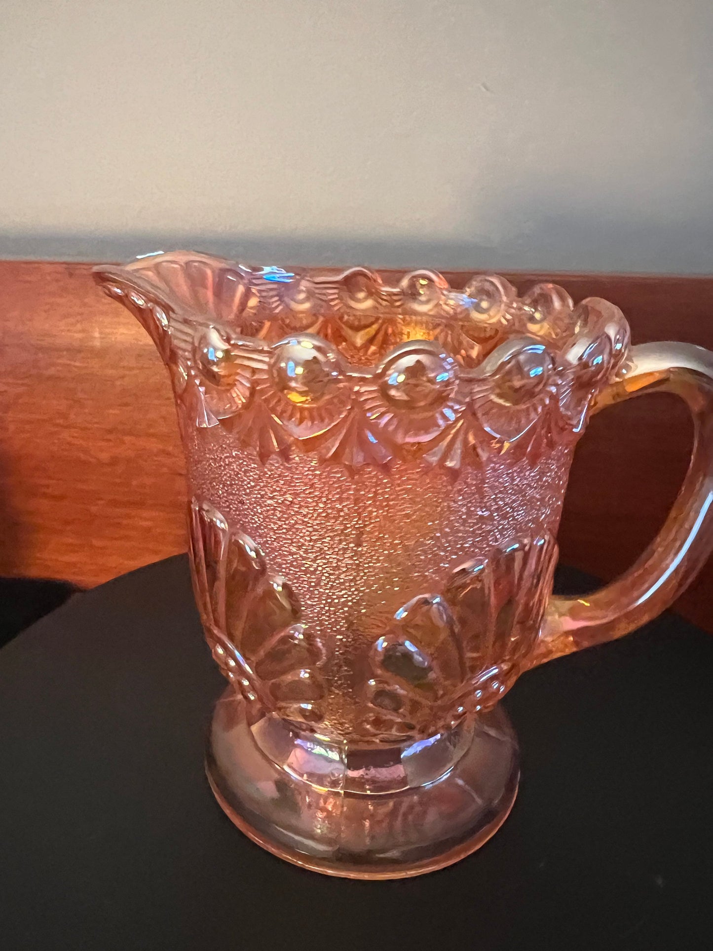 Vintage Westmoreland Depression Glass Shell & Jewel Creamer Pitcher Floral Quality Vintage Flower Marigold Iridescent Carnival Ornate Beaded