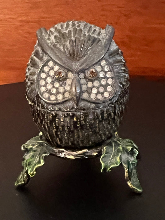Vintage Owl Trinket Box Perched Upon a Bed of Leaves, Owl Box Gift, Lover Antiques and Vintage