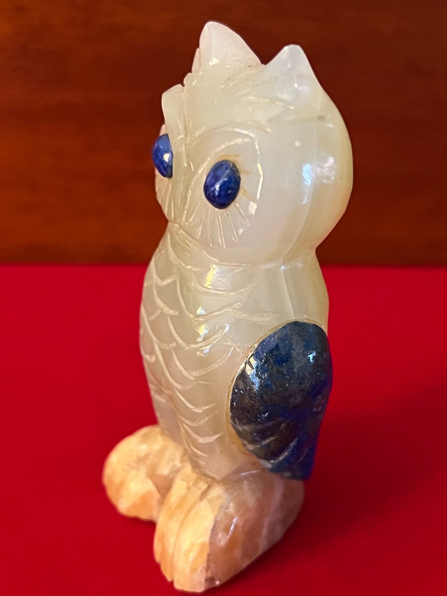 Vintage White Quartz Owl with Blue Eyes, Owl with Heart Quartz Base, Owl Stone Figurine, Unique Stone Carved Owl, Lover Antiques and Vintage