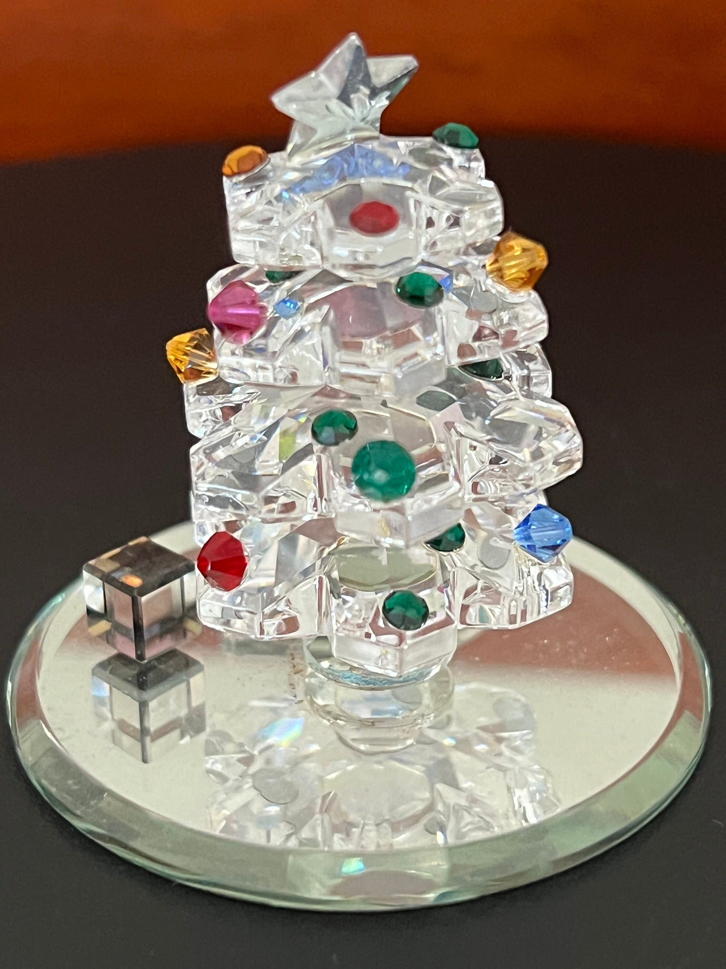 Vintage Glass Christmas Tree with Ornmanets and Gifts, Crystal Glass Tree Figurine, Glass Tree, Lover Antiques and Vintage
