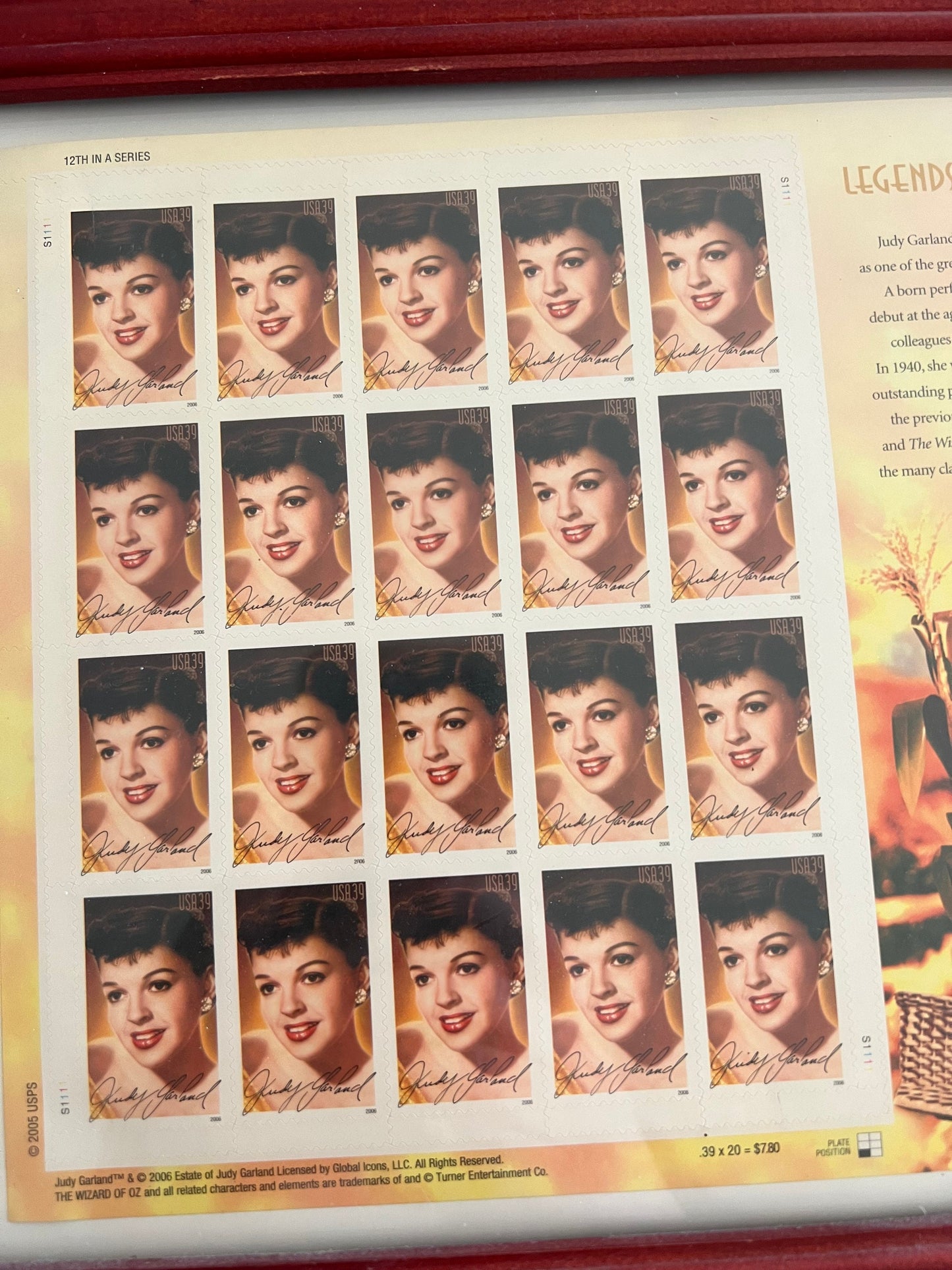 Legends of Hollywood Judy Garland Series of Stamps in Frame, Wizard of Oz Dorothy, Lover Antiques and Vintage