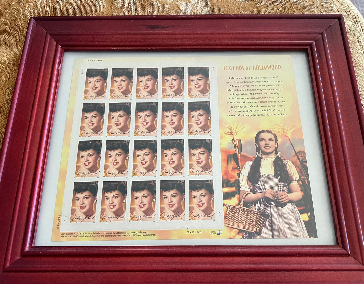 Legends of Hollywood Judy Garland Series of Stamps in Frame, Wizard of Oz Dorothy, Lover Antiques and Vintage
