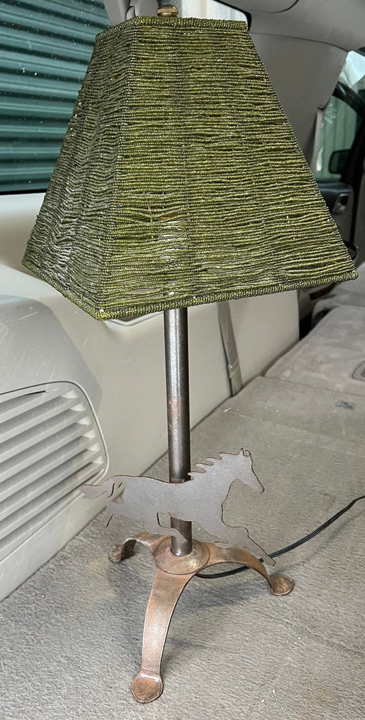 Vintage Wrought Iron Horse Lamp, Horse Table Lamp with Green Shade, Lover Antiques and Vintage