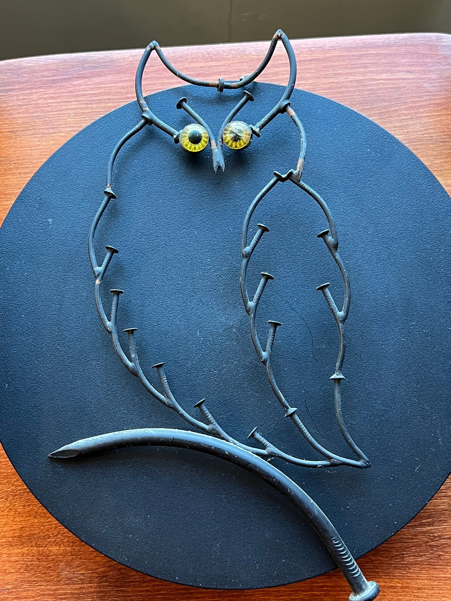 Vintage Wrought Iron Owl on a Nail Branch, Metal Owl with Yellow Eyes, Modernist Owl, Modern Metal Owl Statue, Lover Antiques and Vintage