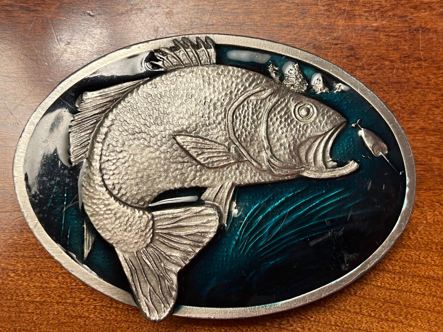 Vintage Fish Belt Buckle by Bergamot Brass Works, X-144 Enameled Green & Silver Fish Belt Buckle, Lover Antiques and Vintage