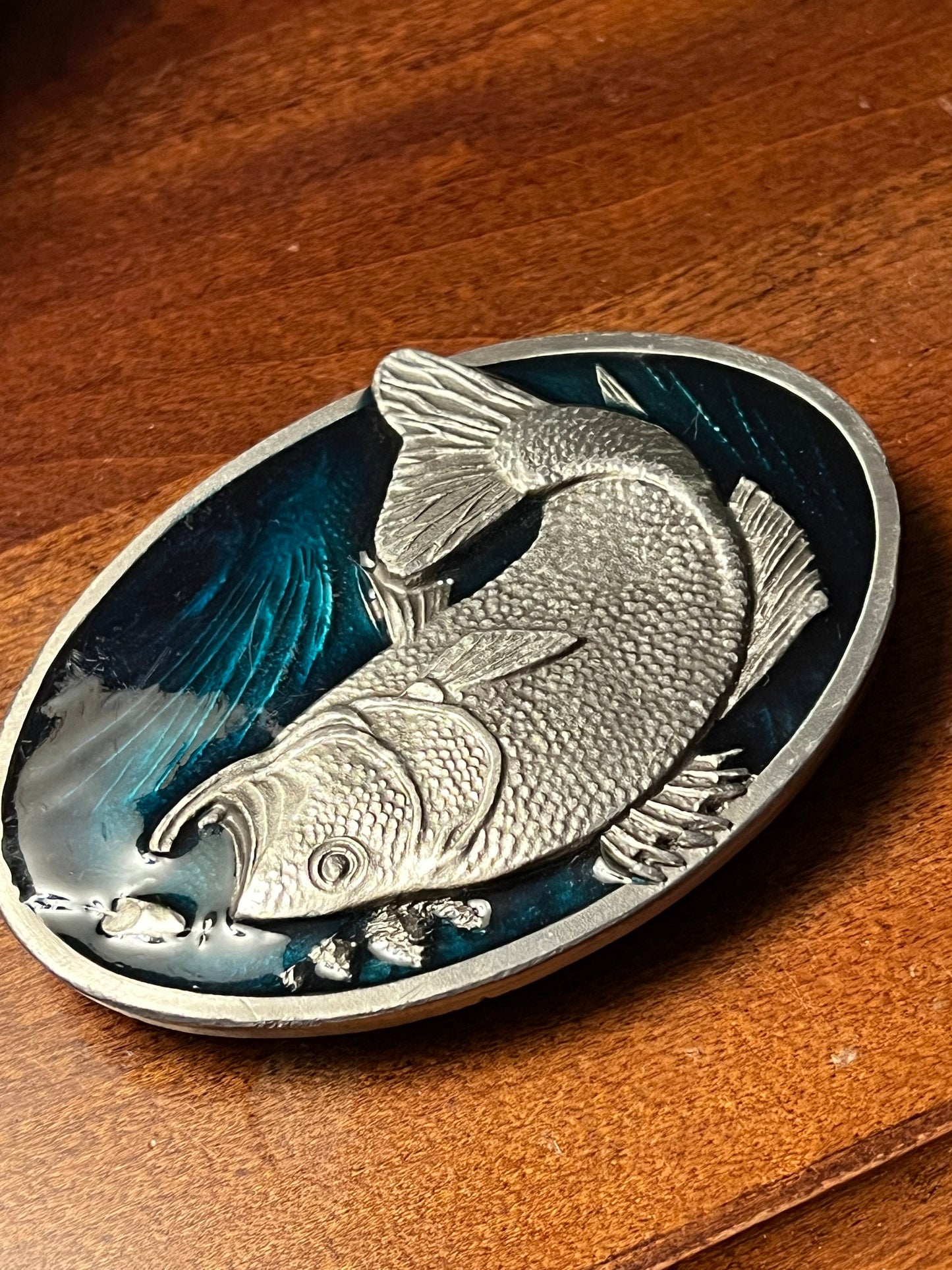 Vintage Fish Belt Buckle by Bergamot Brass Works, X-144 Enameled Green & Silver Fish Belt Buckle, Lover Antiques and Vintage