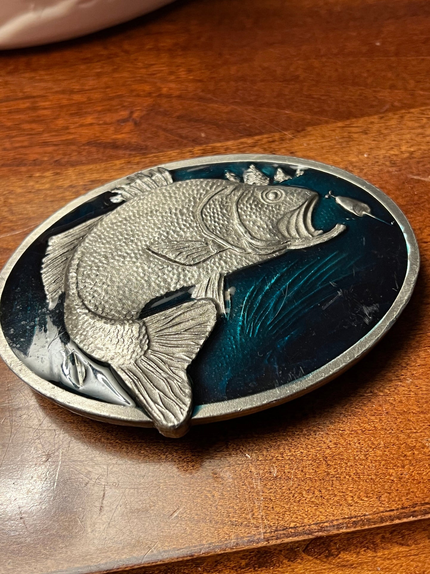 Vintage Fish Belt Buckle by Bergamot Brass Works, X-144 Enameled Green & Silver Fish Belt Buckle, Lover Antiques and Vintage