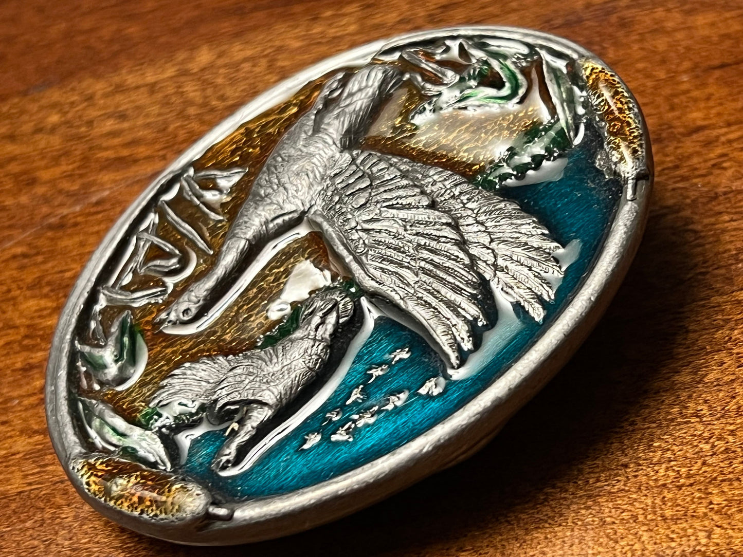 Vintage Enameled Geese in Flight Belt Buckle, Hunter Nature Belt Buckle, Lover Antiques and Vintage