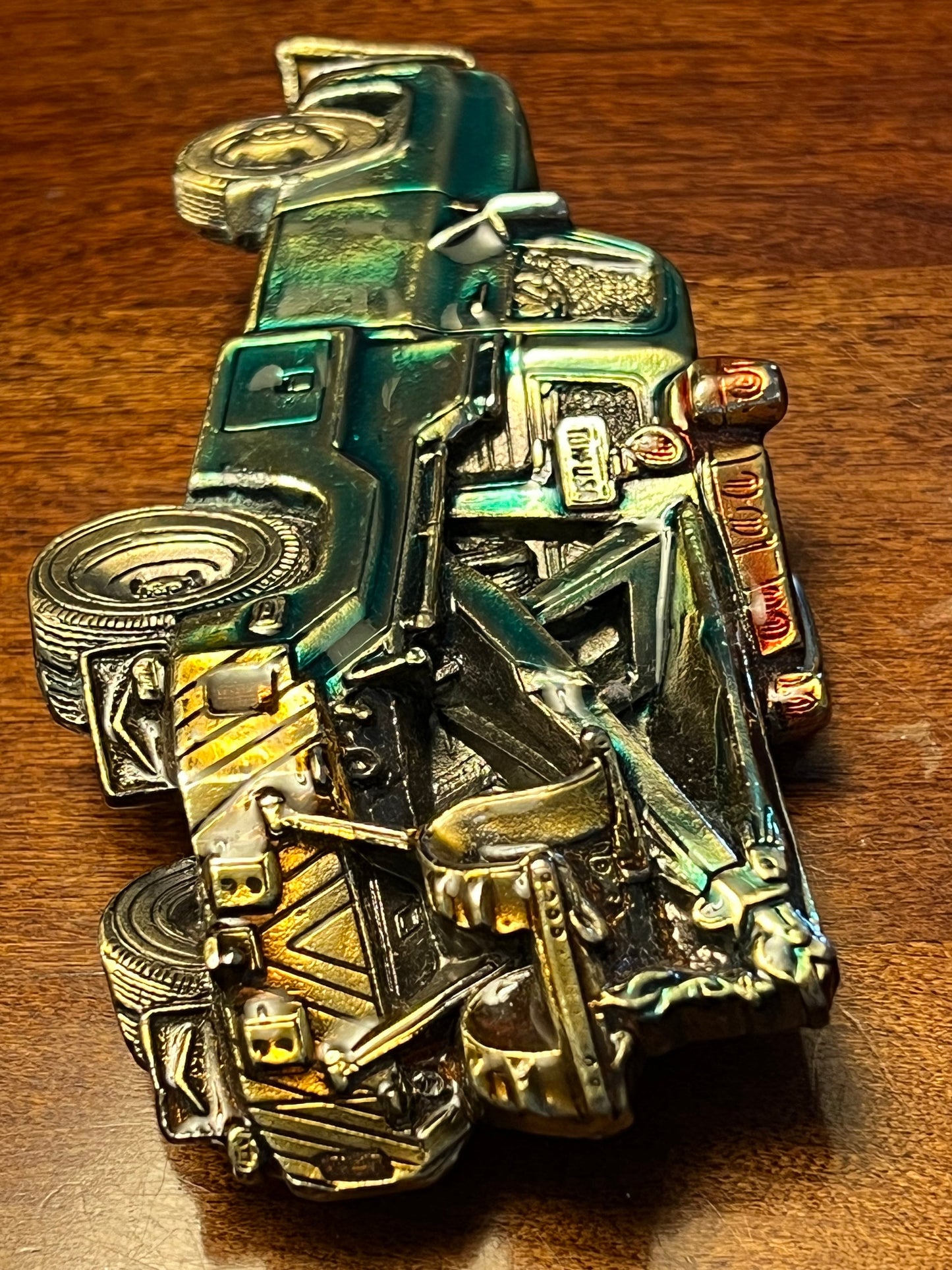 Vintage 1980 Tow Truck Belt Buckle, Green Enameled Tow Truck, by Great American Belt Buckle Co, Chicago, IL, Made in USA, Lover Antiques