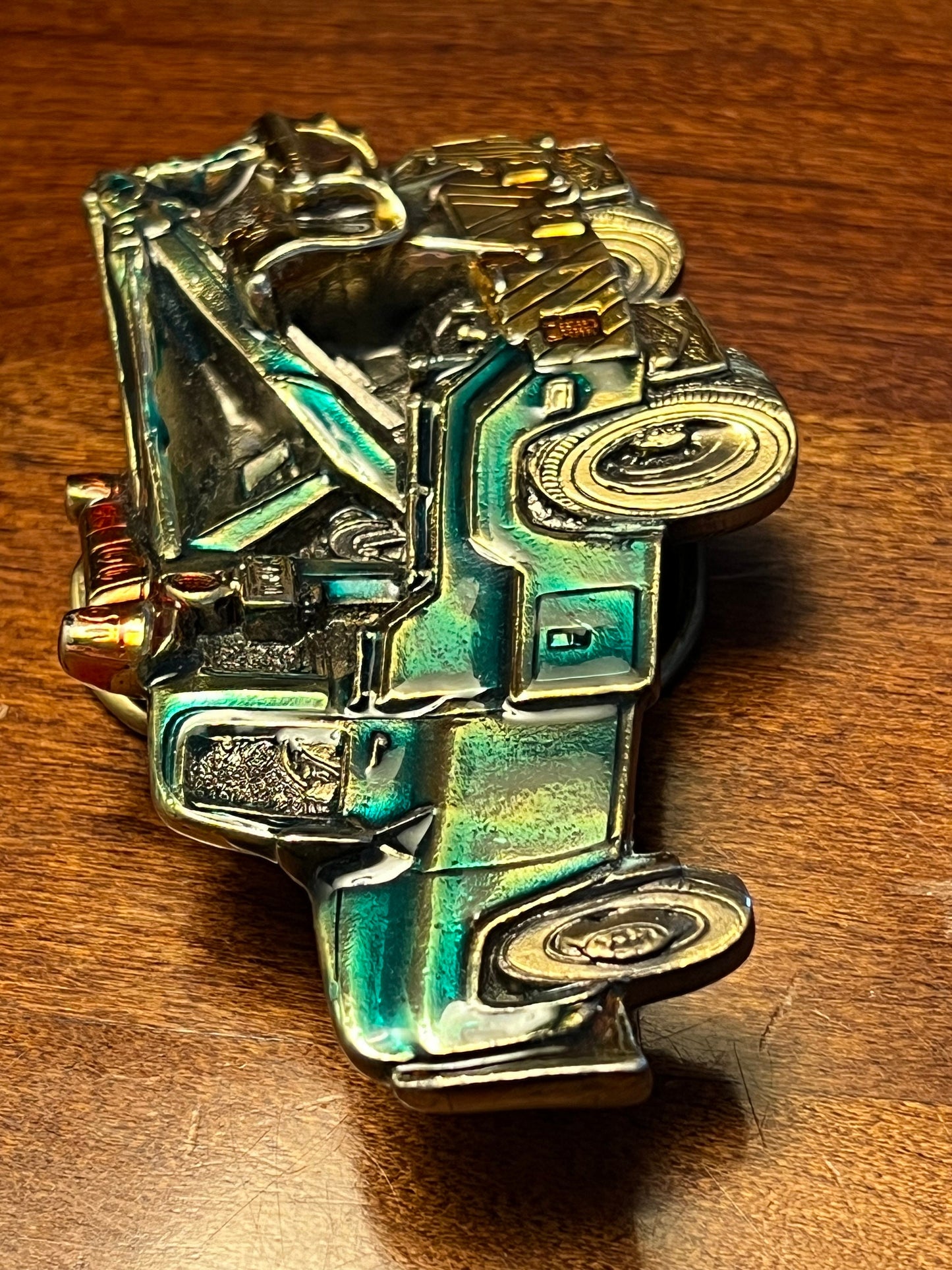 Vintage 1980 Tow Truck Belt Buckle, Green Enameled Tow Truck, by Great American Belt Buckle Co, Chicago, IL, Made in USA, Lover Antiques