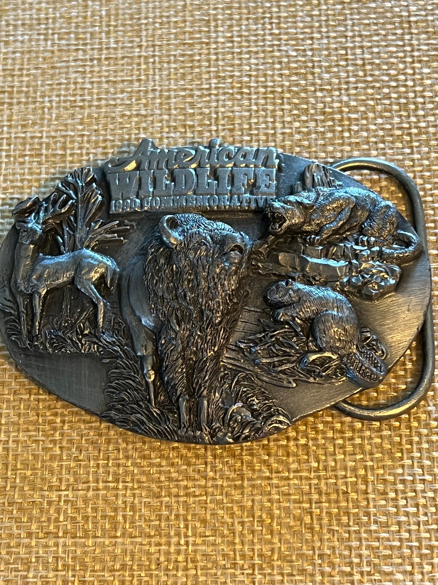 Vintage American Wildlife 1990 Commemorative Belt Buckle, Bison, Bear, Wild Animals Buckle, Siskiyou Buckle Co, Lover Antiques and Vintage