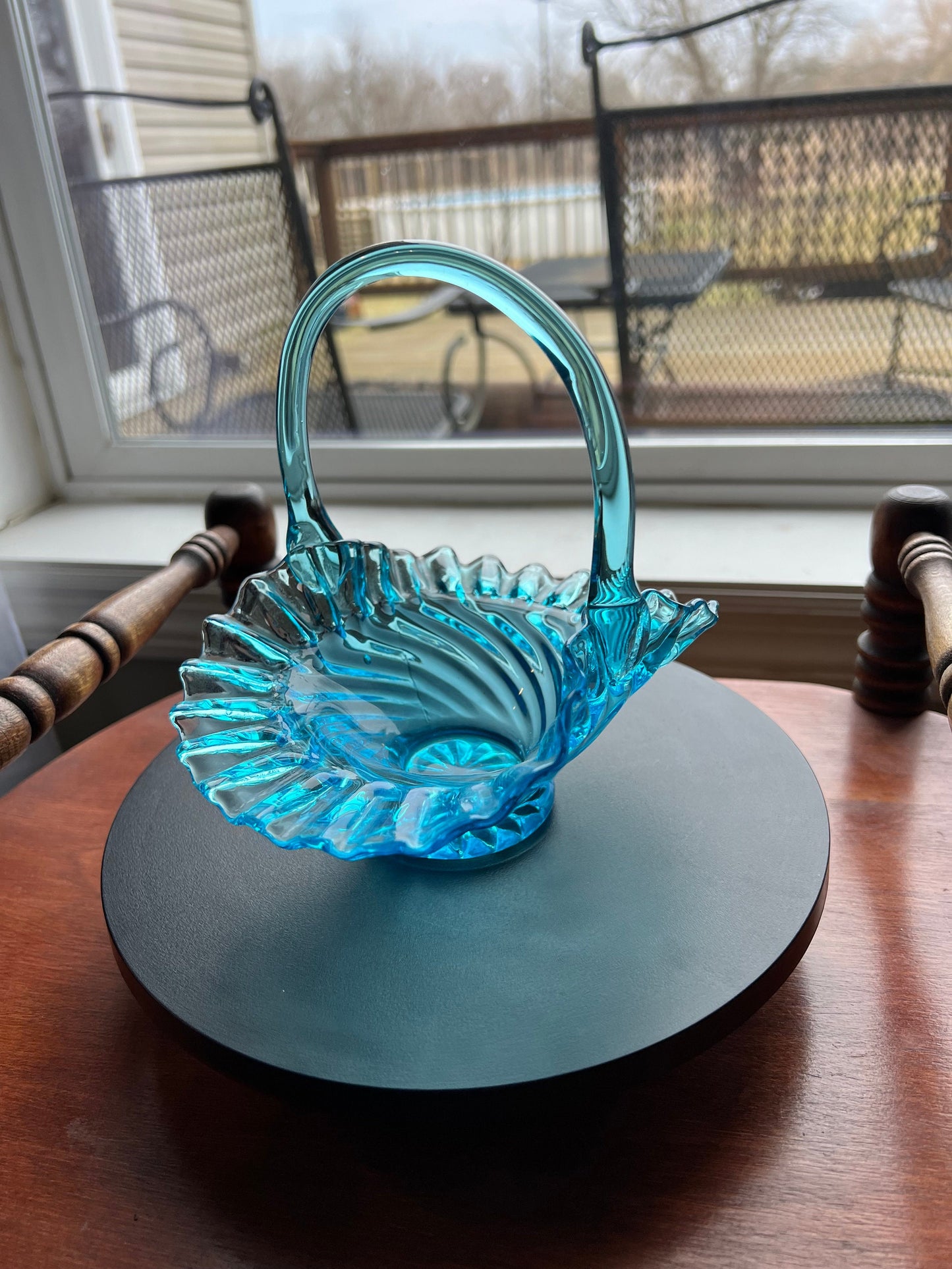 Vintage Blue Ruffled Basket, Fenton Art Glass, Candy Dish, Fancy Blue Glass Art, Lover Antiques and Vintage