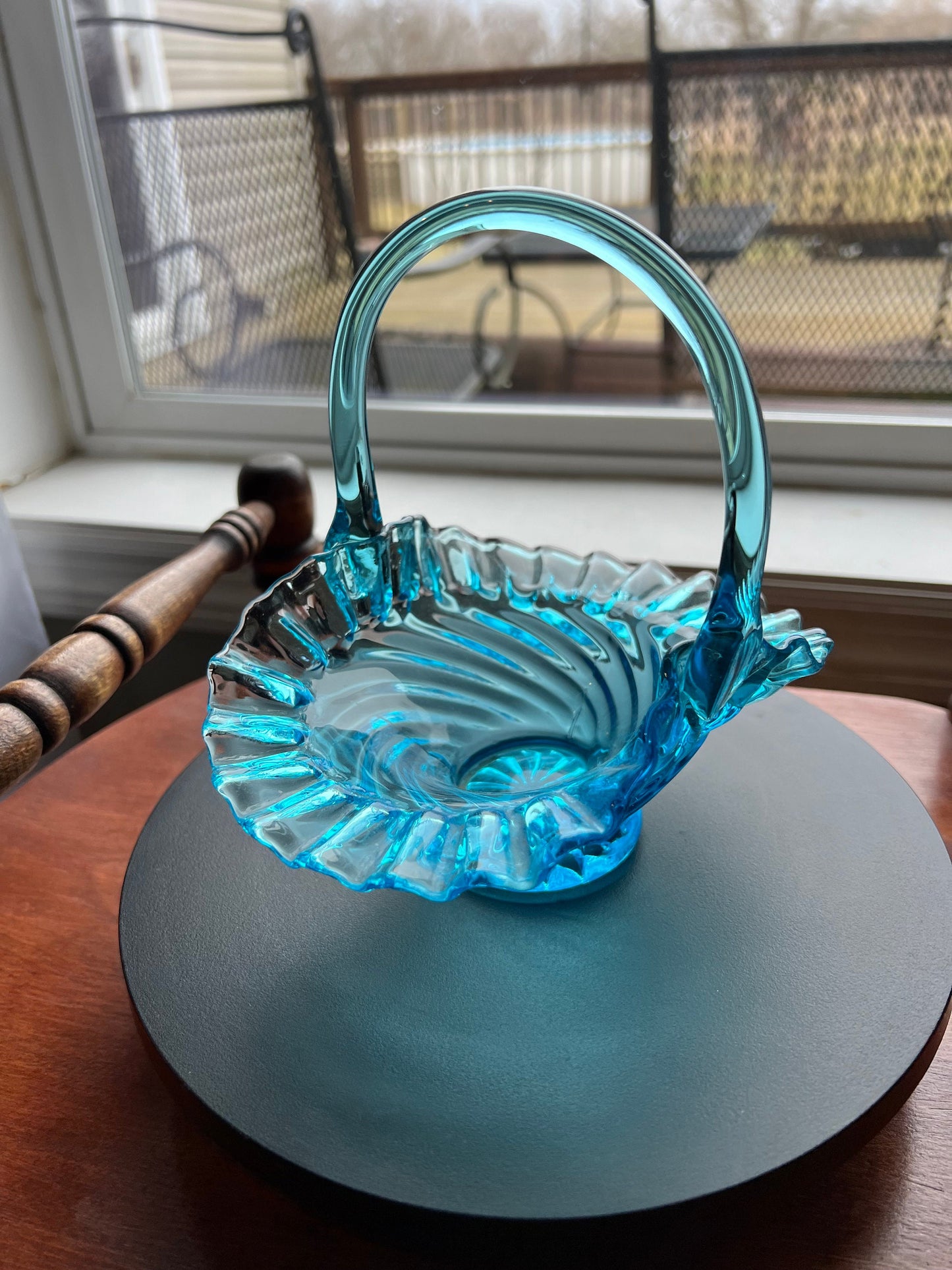 Vintage Blue Ruffled Basket, Fenton Art Glass, Candy Dish, Fancy Blue Glass Art, Lover Antiques and Vintage
