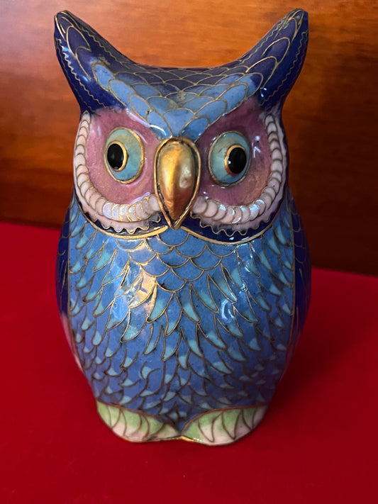 Vintage Cloisonné Horned Owl Statue, Colorful Enameled Cobalt Blue Owl Figurine, Lover Antiques and Vintage