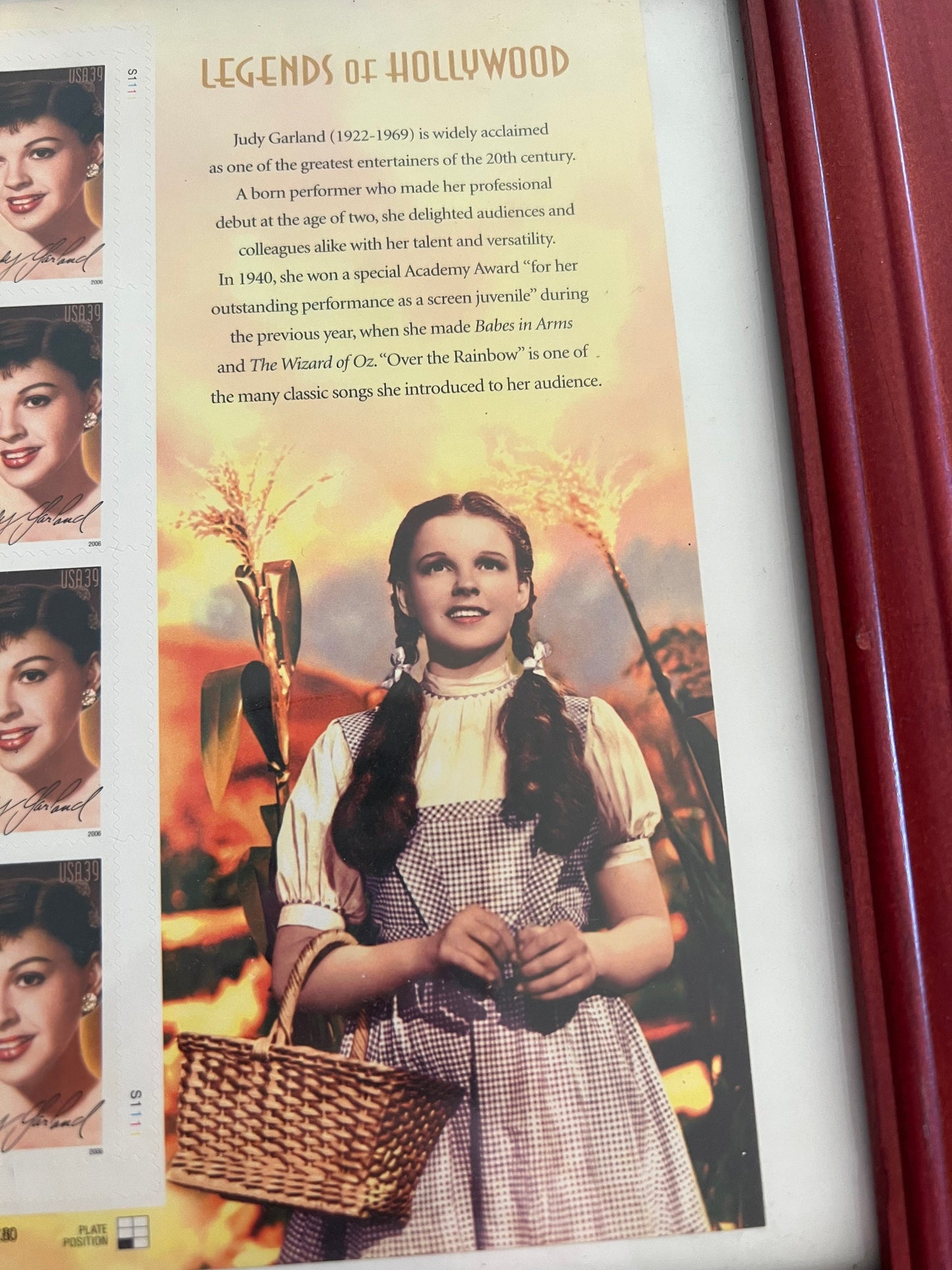 Legends of Hollywood Judy Garland Series of Stamps in Frame, Wizard of Oz Dorothy, Lover Antiques and Vintage