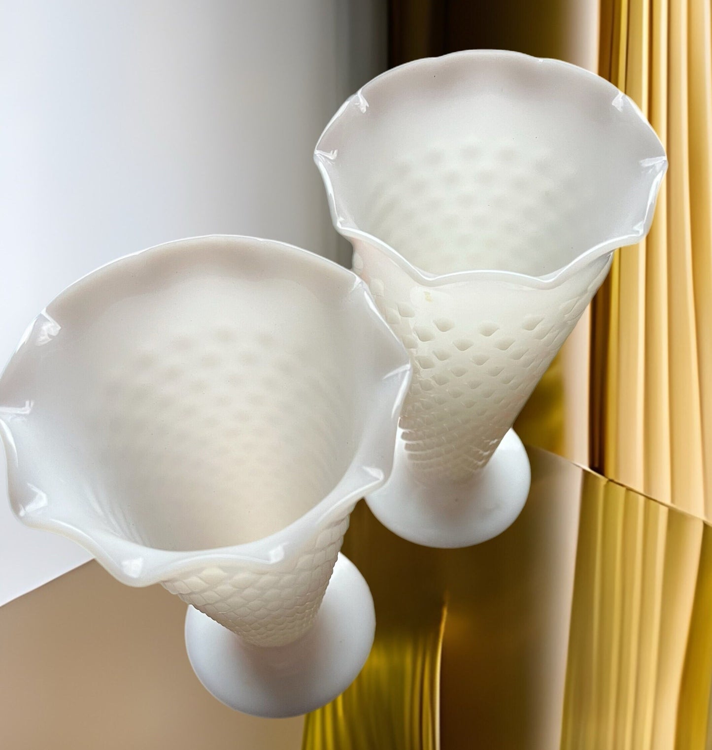 Vintage Hobnail White Ruffled Vase, Pair of White Milk Glass Vases, Lover Antiques and Vintage