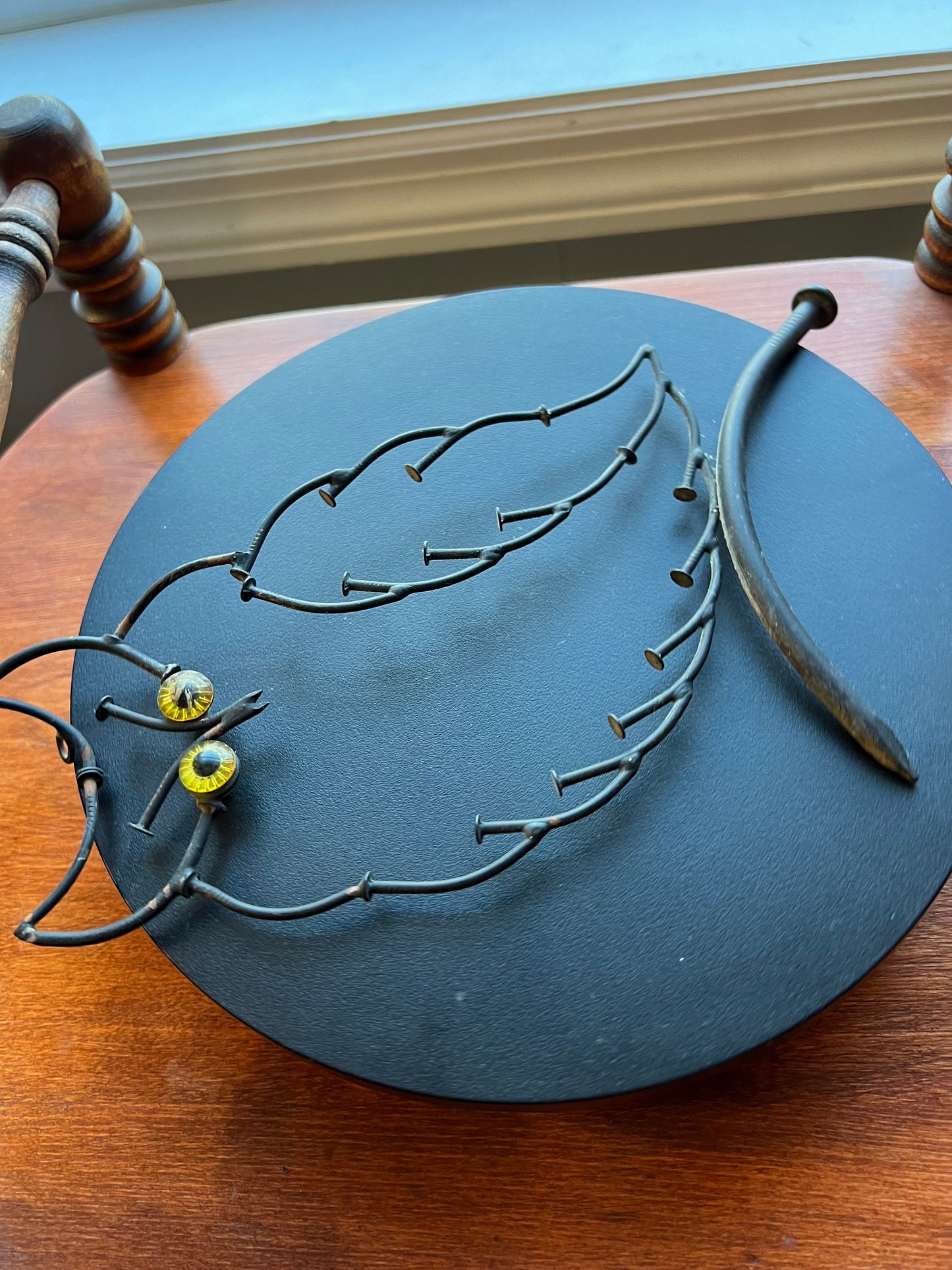 Vintage Wrought Iron Owl on a Nail Branch, Metal Owl with Yellow Eyes, Modernist Owl, Modern Metal Owl Statue, Lover Antiques and Vintage