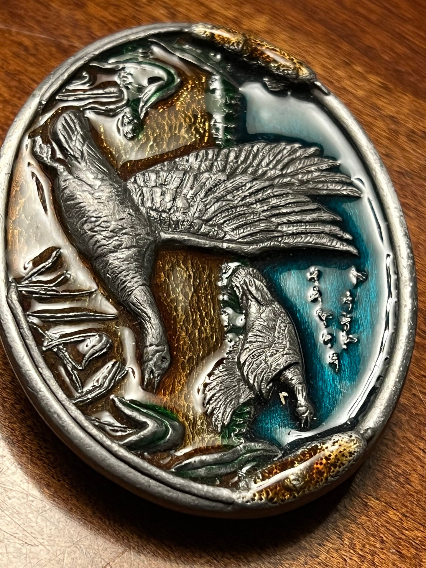 Vintage Enameled Geese in Flight Belt Buckle, Hunter Nature Belt Buckle, Lover Antiques and Vintage