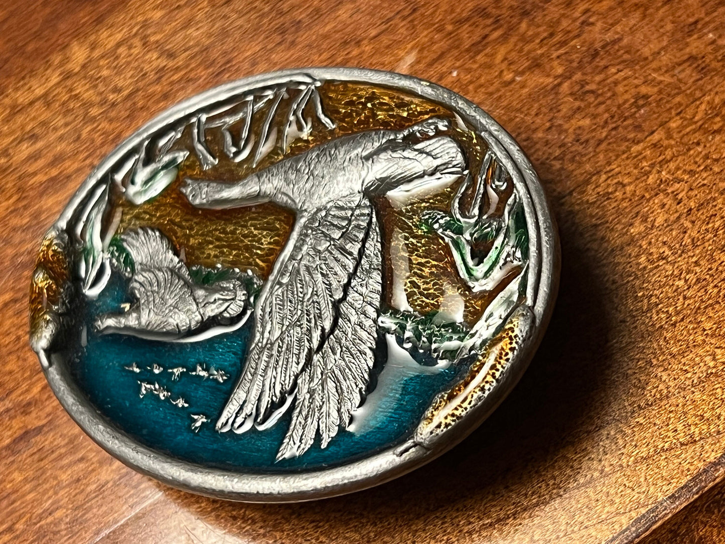 Vintage Enameled Geese in Flight Belt Buckle, Hunter Nature Belt Buckle, Lover Antiques and Vintage